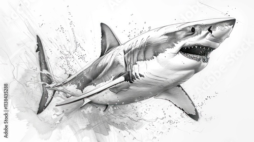 A grayscale illustration of a great white shark leaping from the water, depicted with dynamic splashing water effects.