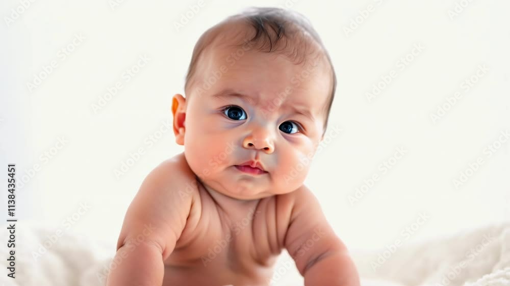 A baby with wide blue eyes smiling innocently at the camera, evoking happiness and purity. The soft background highlights the child’s innocence and charm. A baby with wide blue eyes smiling innocently at the camera, evoking happiness and purity. The soft background highlights the child’s innocence and charm.