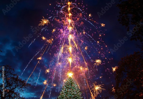 Bradenburg Gate with Christmas tree at night with fireworks, Berlin Germany , isolated on white background,  , copy space, copy space for text, photo