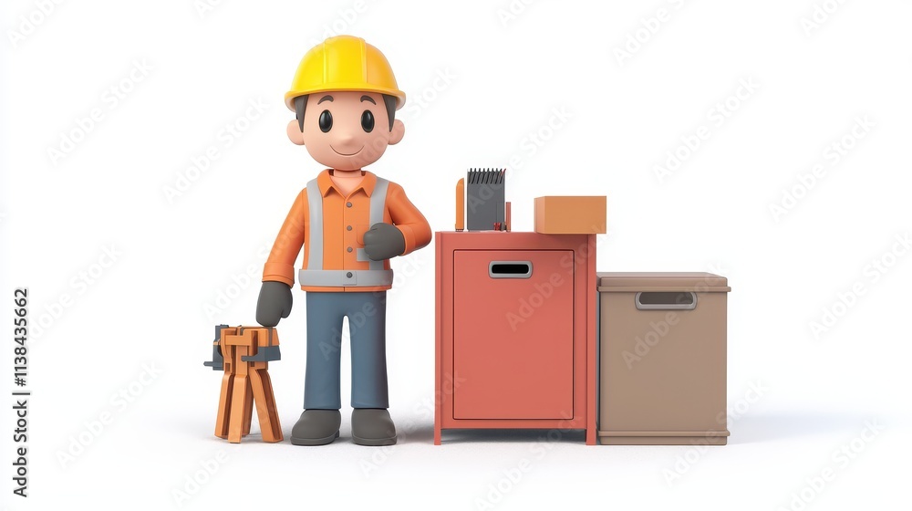 Cheerful Cartoon Construction Worker in Hard Hat Standing Next to Toolbox and Equipment on a White Background for Construction and Building Themes Cheerful Cartoon Construction Worker in Hard Hat Standing Next to Toolbox and Equipment on a White Background for Construction and Building Themes