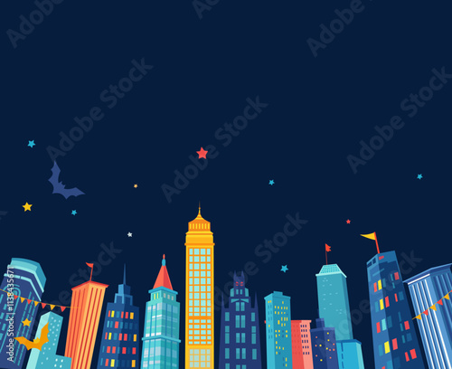 Comic-style horizontal background for Super hero kids party with night skyscrapers, buildings, city silhouette and stars. Metropolis Illustration