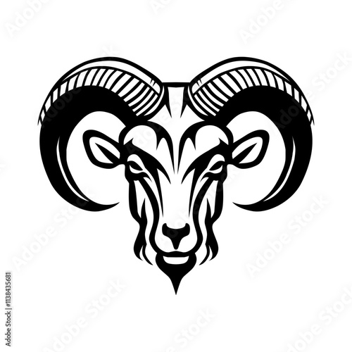 Stylized black ram head with large horns vector.