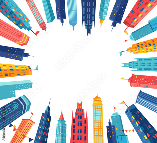 Comic-style background for Super hero kids party with skyscrapers, buildings, city silhouette. Metropolis Illustration