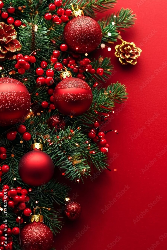 Christmas decoration and pine tree on red background with copy space Christmas decoration and pine tree on red background with copy space