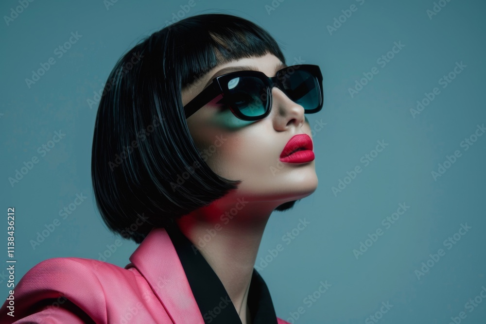 Asian woman in black suit and sunglasses striking a confident pose against a gray background, showcasing elegance and style Asian woman in black suit and sunglasses striking a confident pose against a gray background, showcasing elegance and style