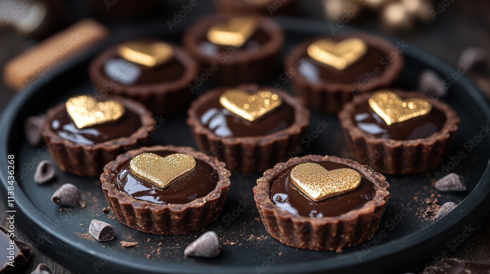 Delicious Chocolate Tarts Decorated With Gold Hearts Delicious Chocolate Tarts Decorated With Gold Hearts