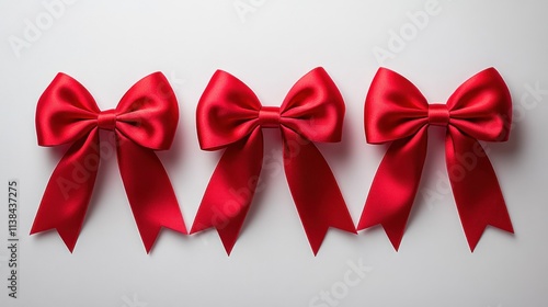 Four red satin bows arranged in a horizontal line on a white background. photo