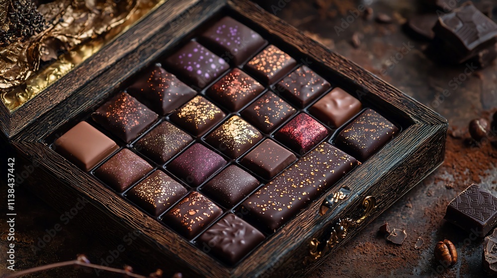 Gourmet chocolate assortment in wooden box. Gourmet chocolate assortment in wooden box.