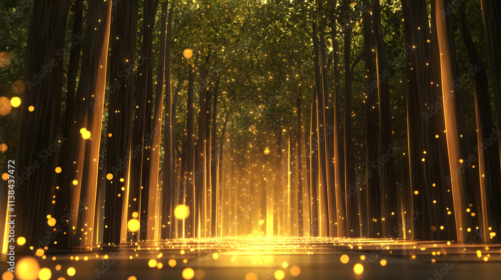 Whimsical Art Deco Forest with Majestic Geometric Trees Bathed in Magical Golden Light Whimsical Art Deco Forest with Majestic Geometric Trees Bathed in Magical Golden Light