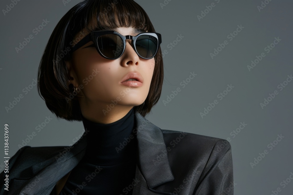 Asian woman in black suit and sunglasses striking a confident pose against a gray background, showcasing elegance and style Asian woman in black suit and sunglasses striking a confident pose against a gray background, showcasing elegance and style