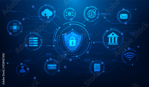 cyber security technology protection key lock data information blue background. vector illustration fantastic technology.