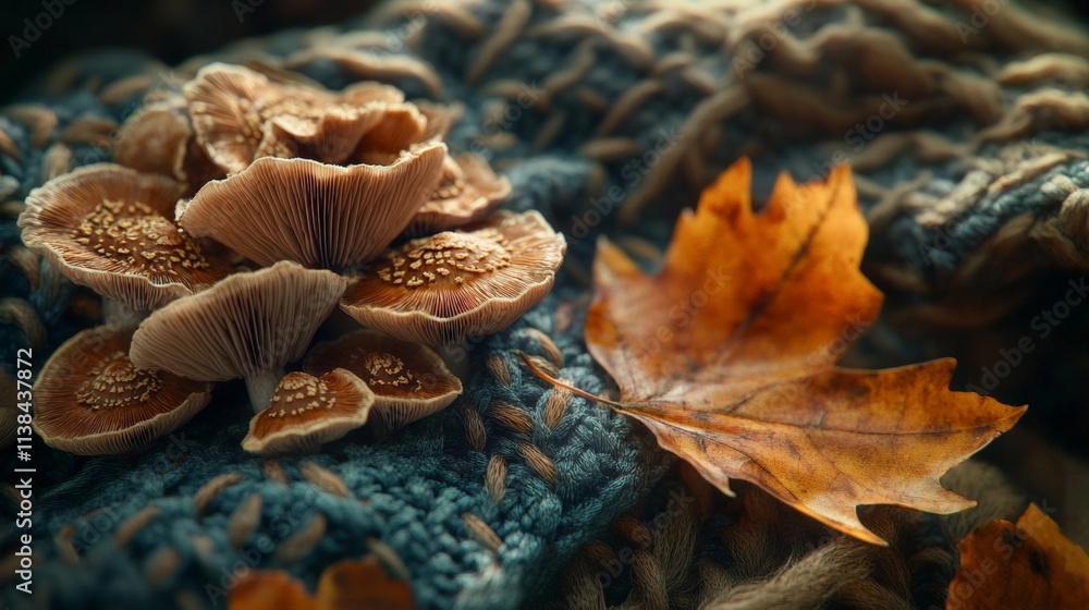 A Beautiful brown mushroom and vibrant orange leaf on a cozy knitted background, perfect for autumn aesthetics and nature lovers. A Beautiful brown mushroom and vibrant orange leaf on a cozy knitted background, perfect for autumn aesthetics and nature lovers.