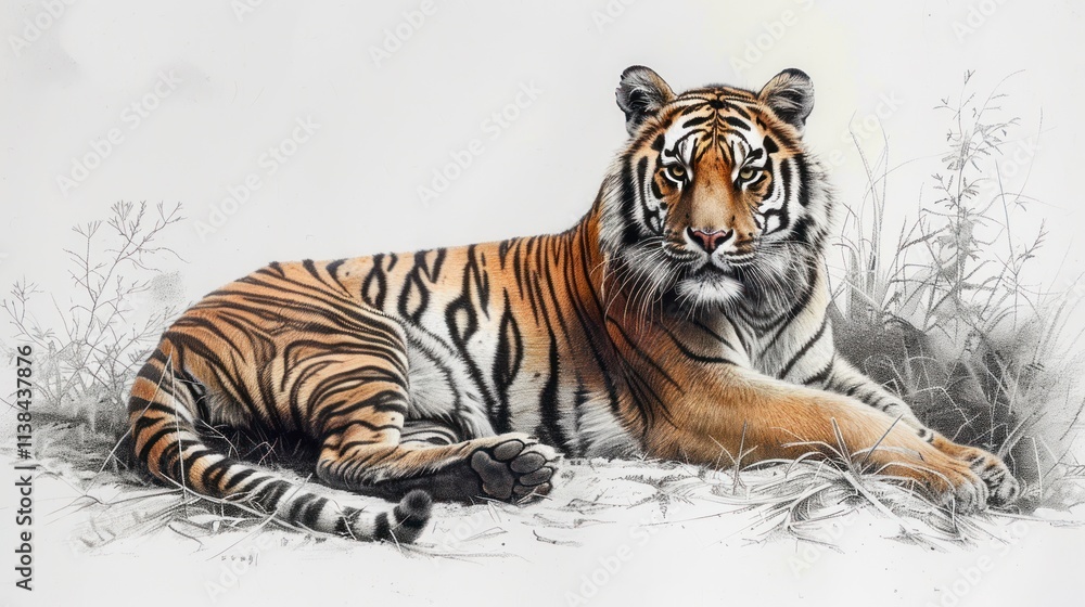 Obraz premium Majestic tiger resting in monochrome grassland.