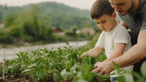 Wallpaper Mural A father and son enjoy planting vegetables together, fostering a love for gardening and nature in a serene outdoor setting. Torontodigital.ca