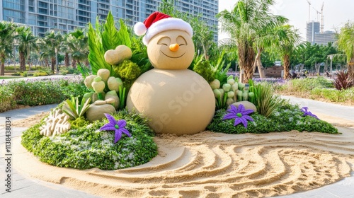 Festive sand snowman sculptures in tropical holiday park setting