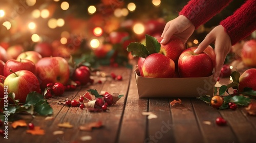 Child's hands gathering red apples in festive holiday setting with warm lights Apple Gifting Day