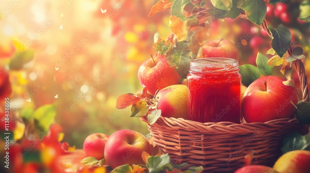 Autumn harvest: fresh apples and homemade jam in a basket surrounded by foliage Apple Gifting Day Autumn harvest: fresh apples and homemade jam in a basket surrounded by foliage Apple Gifting Day
