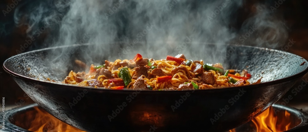 Steaming wok of noodles and meat, cooking over flames. Steaming wok of noodles and meat, cooking over flames.