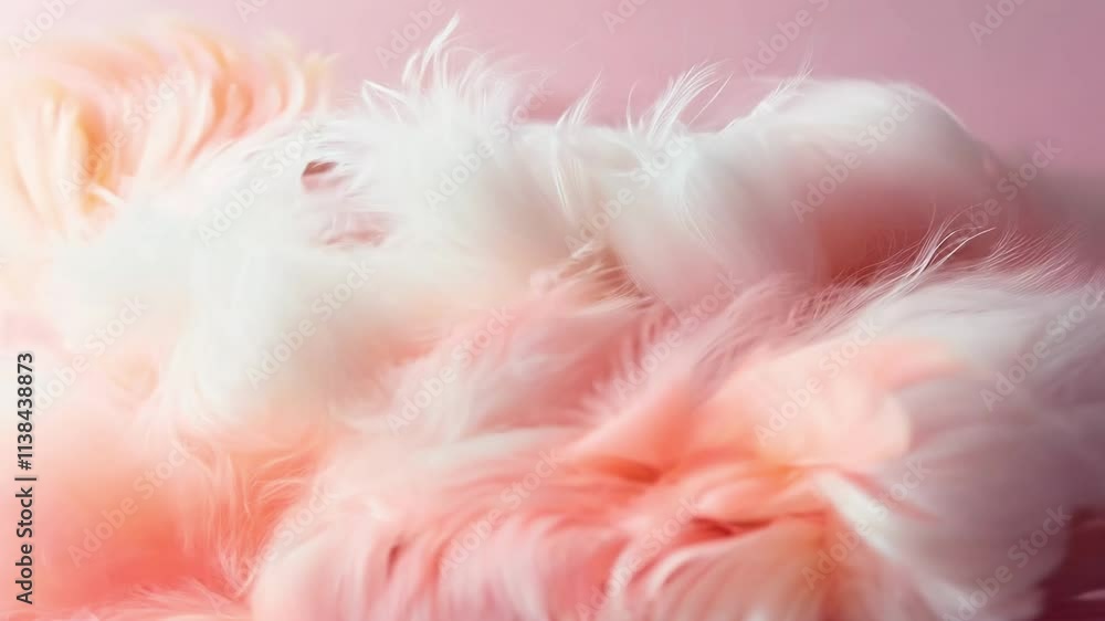 Close-up of soft, fluffy feathers in pastel pink and white tones, creating a calming and delicate visual texture