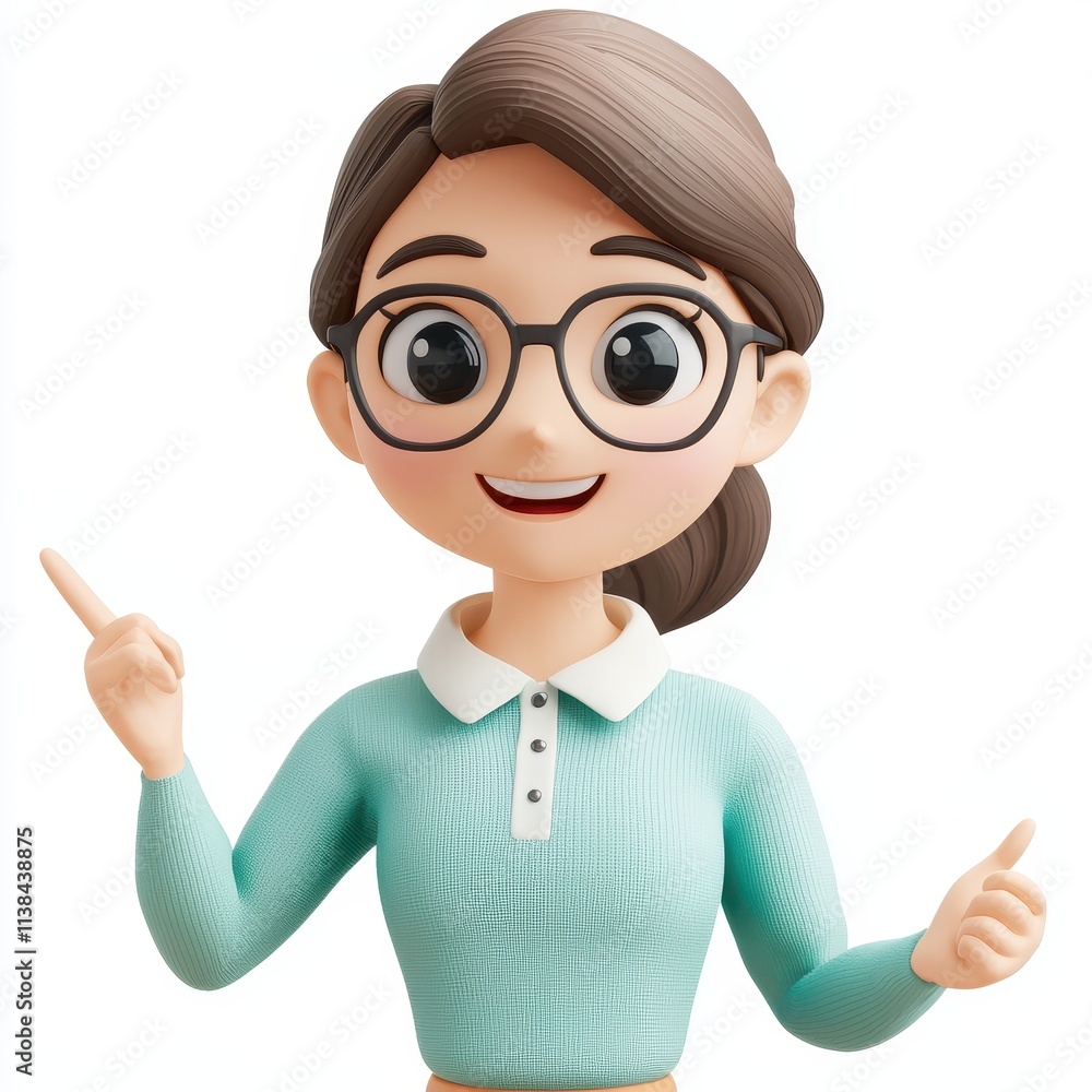 Cheerful Young Woman with Glasses Pointing Upward in Casual Outfit, Exuding Positivity and Enthusiasm in a Brightly Colored Illustration Cheerful Young Woman with Glasses Pointing Upward in Casual Outfit, Exuding Positivity and Enthusiasm in a Brightly Colored Illustration