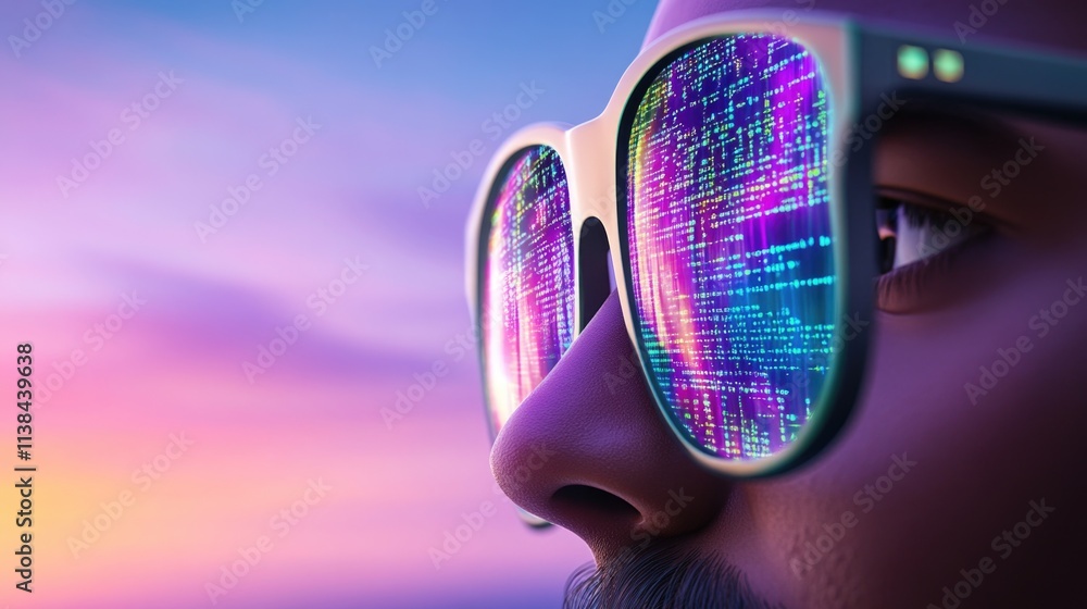 Young asian man with virtual world reflected in glasses at sunset Young asian man with virtual world reflected in glasses at sunset