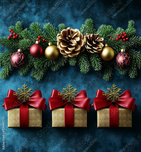 vertical image, pine border and presents on the top, blue christmas background