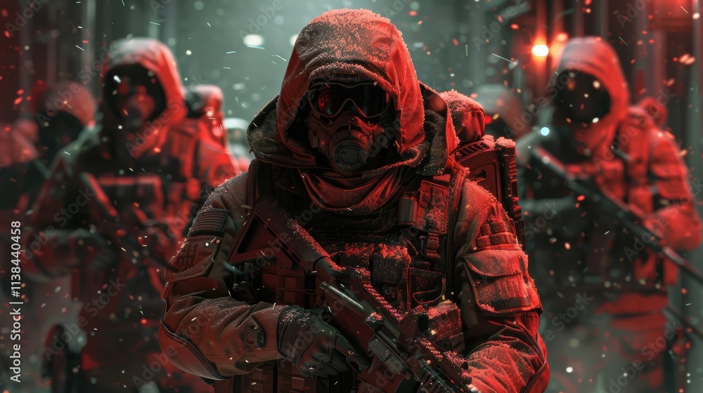 Obraz premium A group of heavily armored soldiers wearing winter gear and tactical masks advances through a snowy and dimly lit urban setting during a nighttime operation