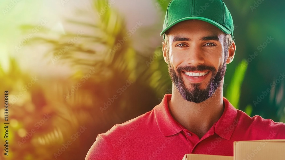 Fototapeta premium Smiling hispanic man delivering packages outdoors in bright setting