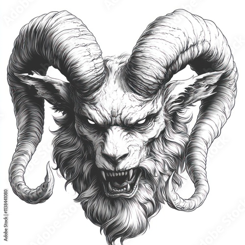 Monochrome illustration of a snarling ram's head with large horns.