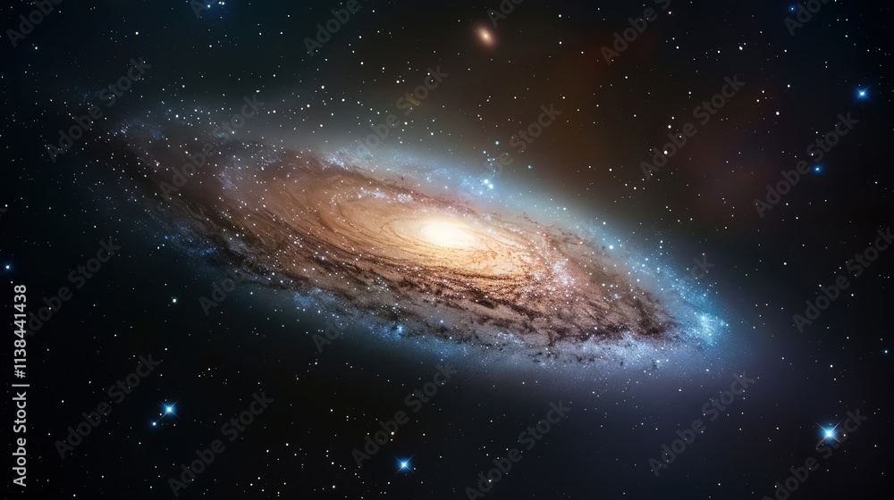 Fototapeta premium The vast expanse of the galaxy stretches out with swirling clouds of cosmic dust and vibrant nebulae in shades of purple, blue, and pink. 