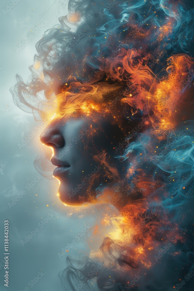 A vibrant and abstract representation of a human profile enveloped in swirling clouds of orange and blue smoke, evoking a sense of mystery and imagination A vibrant and abstract representation of a human profile enveloped in swirling clouds of orange and blue smoke, evoking a sense of mystery and imagination