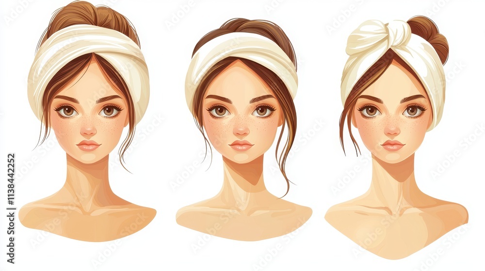 Beautiful Digital Illustrations of Three Diverse Female Portraits with Stylish White Hair Wraps for Beauty and Fashion Themes Beautiful Digital Illustrations of Three Diverse Female Portraits with Stylish White Hair Wraps for Beauty and Fashion Themes