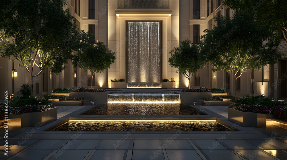 Engaging Art Deco Plaza Characterized by Bold Geometric Patterns and Shimmering Water Features Amplified by Exquisite Lighting Engaging Art Deco Plaza Characterized by Bold Geometric Patterns and Shimmering Water Features Amplified by Exquisite Lighting
