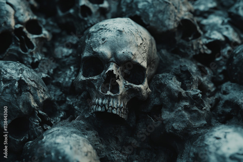 Pile of human skulls and bones in darkness. Human remains after death #1138443060