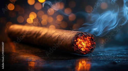 Close-up of a lit cigar with glowing ash and smoke swirls in bokeh background