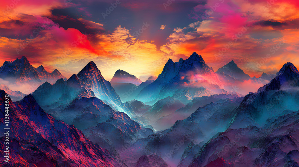Stunning Art Deco Inspired Mountain Range at Sunrise with Crisp Angular Peaks and Vibrant Natural Scenery