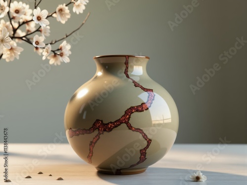 Elegant kintsugi vase exhibiting repair with gold showing japanese art form photo