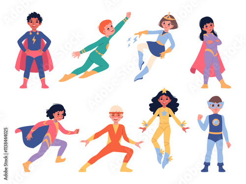 Cute kids superheroes. Funny boys, girls in capes and tight color jumpsuits, different superpowers, capabilities, dynamic poses, strong and brave hero, cartoon flat isolated vector set