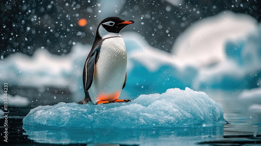 Fototapeta premium Gentoo penguin standing on an ice floe in a snowy Antarctic landscape.