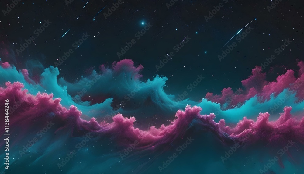 Fototapeta premium Colorido paisaje cósmico abstracto con formas y partículas brillantes y fluidas sobre un fondo estrellado oscuro