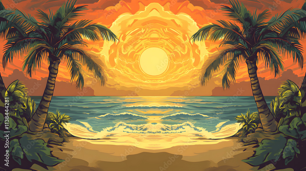 Picturesque Art Deco-style Beach with Intricately Designed Palm Trees and Glowing Waves at Sunset Picturesque Art Deco-style Beach with Intricately Designed Palm Trees and Glowing Waves at Sunset