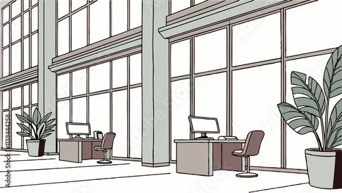 A spacious office environment with large windows