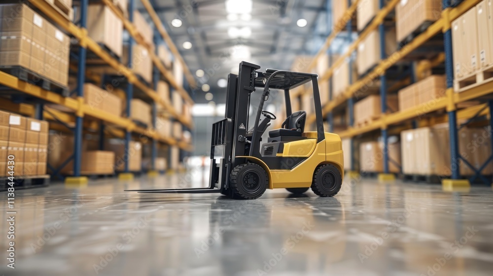 Yellow forklift in a large warehouse. Yellow forklift in a large warehouse.