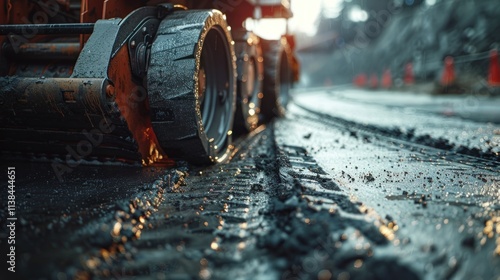 Close-up of a road paving machine's tire leaving tracks in fresh asphalt. photo