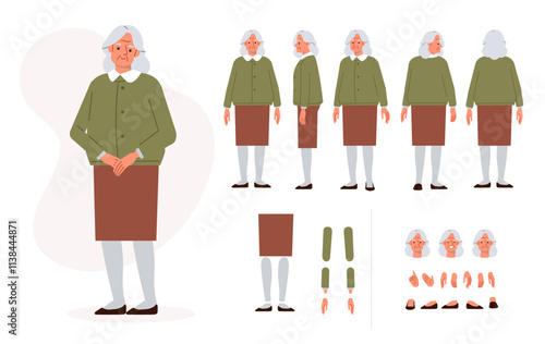 Elderly woman character constructor for animation. Front, side and back view set. Body parts, postures, poses collection. Vector illustration.