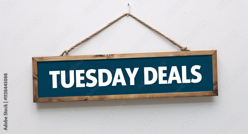 Obraz premium Tuesday deals lettering on hanging sign board on plain white background