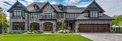 Luxury Home Front. Architectural Estate with Expensive Exterior, Large Garage, and Lush Green Grass photo