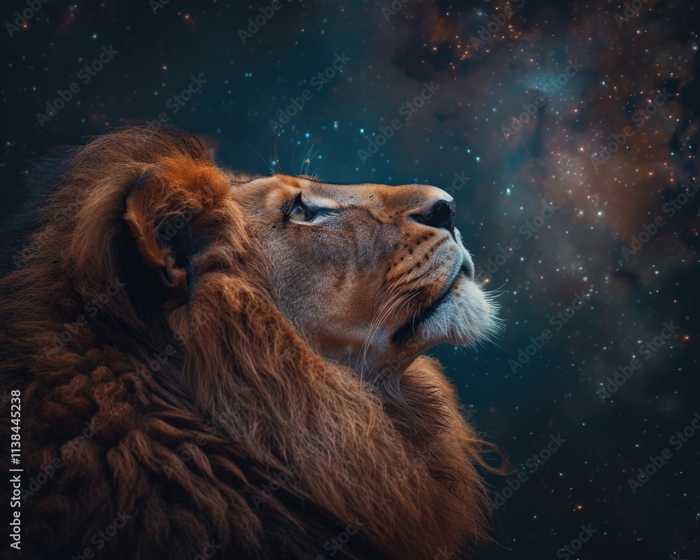Naklejka premium Majestic Symbol. African Lion Stargazing in Night Sky: Fantasy Leo in Dark Abstract Portrait