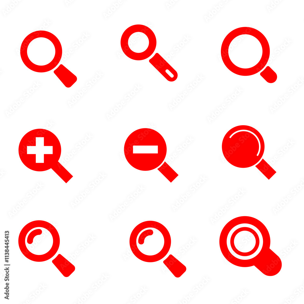 A red magnifying glass icon ,Render minimal transparent loupe search icon for finding, reading, research, analysis information