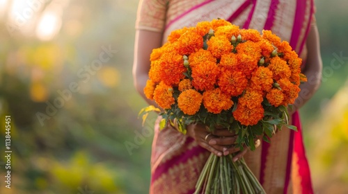 Wallpaper Mural Woman in Sari Holding a Bouquet of Marigolds Torontodigital.ca